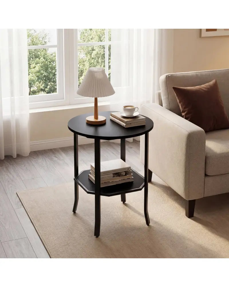 Round Side Table Small End Table with Storage Shelf 2-Tier Nightstand for Small Space-Black - Black - End & Side Tables