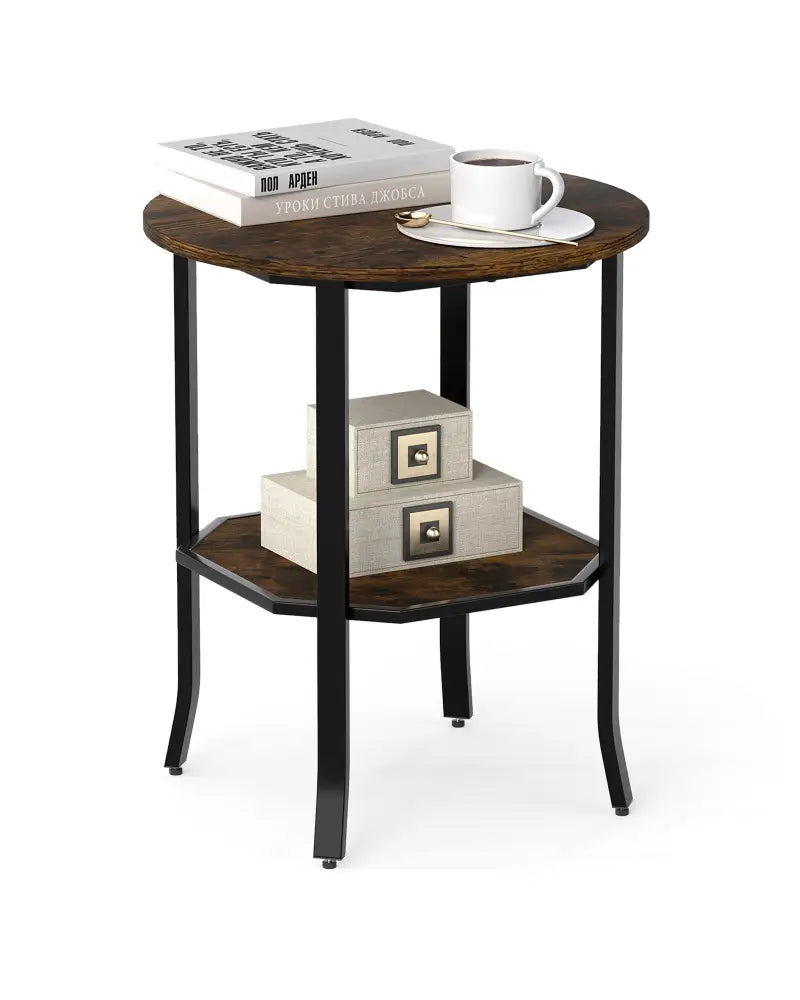 Round Side Table Small End Table with Storage Shelf 2-Tier Nightstand for Small Space-Rustic Brown - Rustic Brown - End