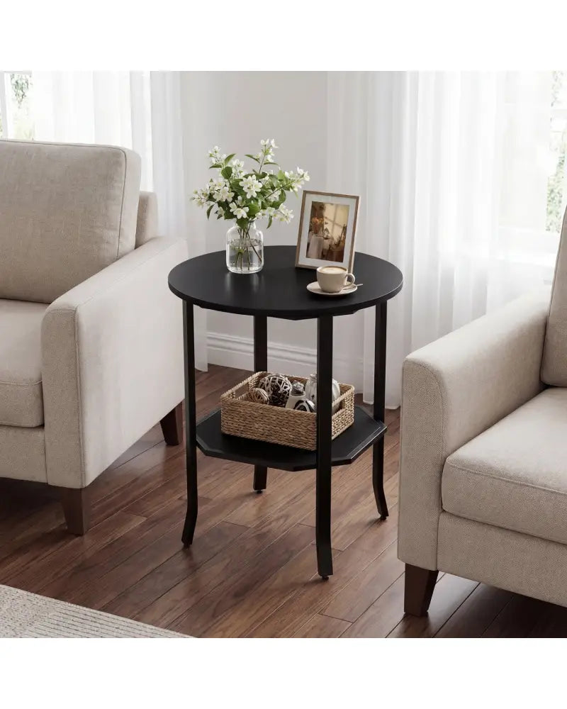 Round Side Table Small End Table with Storage Shelf 2-Tier Nightstand for Small Space-Black - Black - End & Side Tables