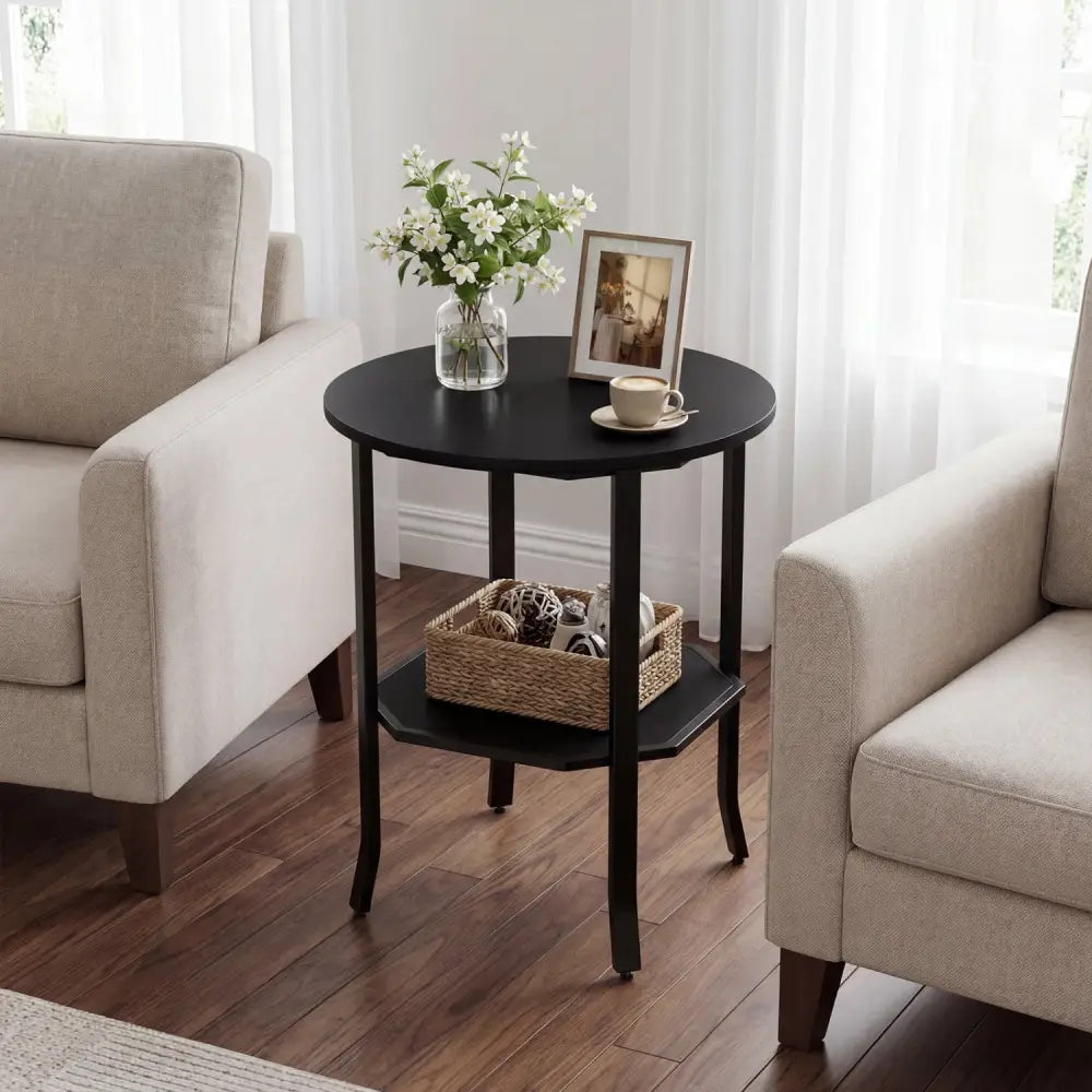 Round Side Table Small End Table with Storage Shelf 2-Tier Nightstand for Small Space-Black - Black - End & Side Tables