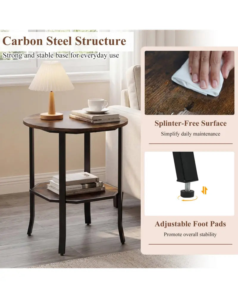 Round Side Table Small End Table with Storage Shelf 2-Tier Nightstand for Small Space-Rustic Brown - Rustic Brown - End