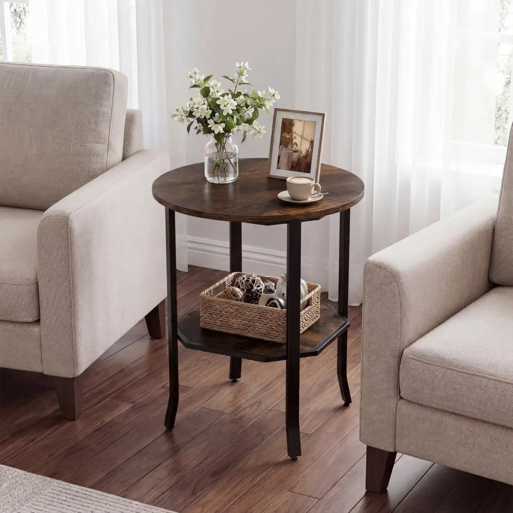 Round Side Table Small End Table with Storage Shelf 2-Tier Nightstand for Small Space-Rustic Brown - Rustic Brown - End