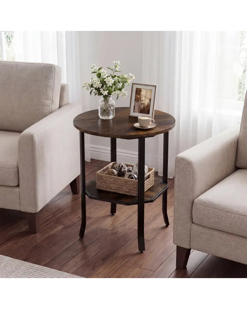 Round Side Table Small End Table with Storage Shelf 2-Tier Nightstand for Small Space-Rustic Brown - Rustic Brown - End