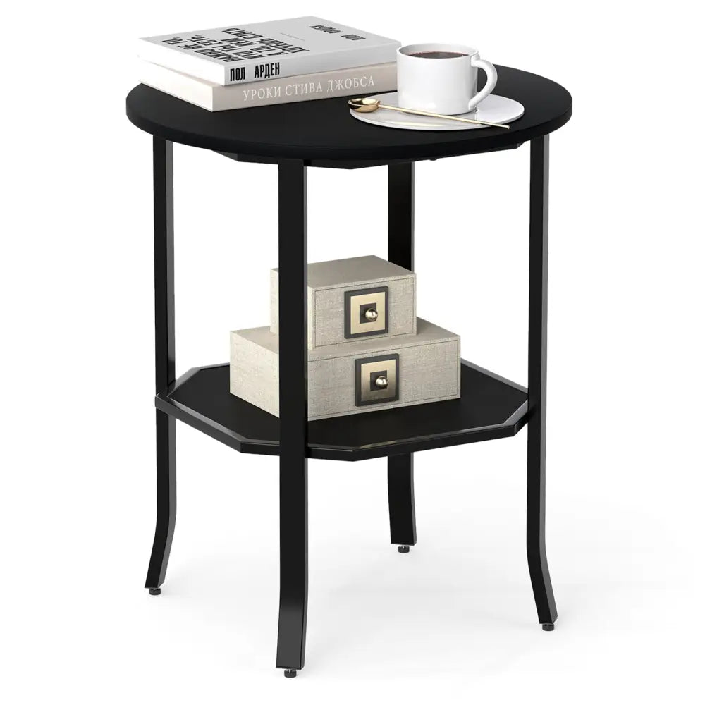 Round Side Table Small End Table with Storage Shelf 2-Tier Nightstand for Small Space-Black - Black - End & Side Tables