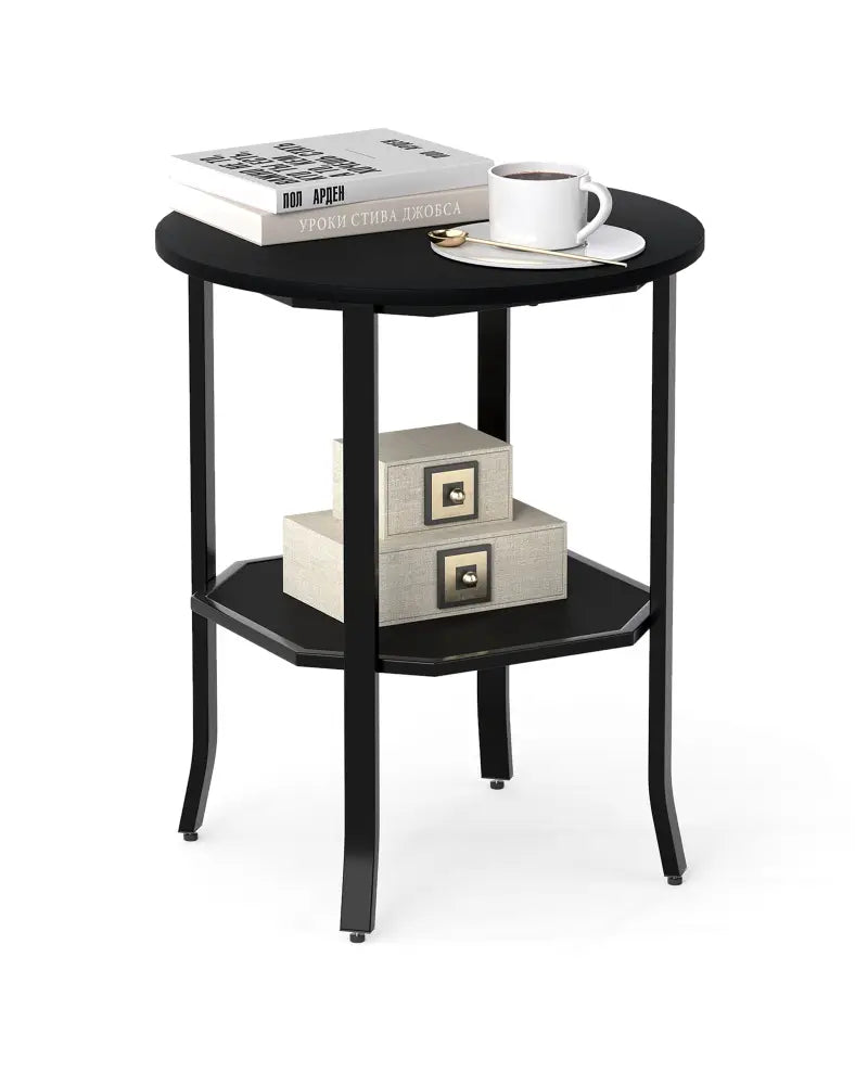 Round Side Table Small End Table with Storage Shelf 2-Tier Nightstand for Small Space-Black - Black - End & Side Tables