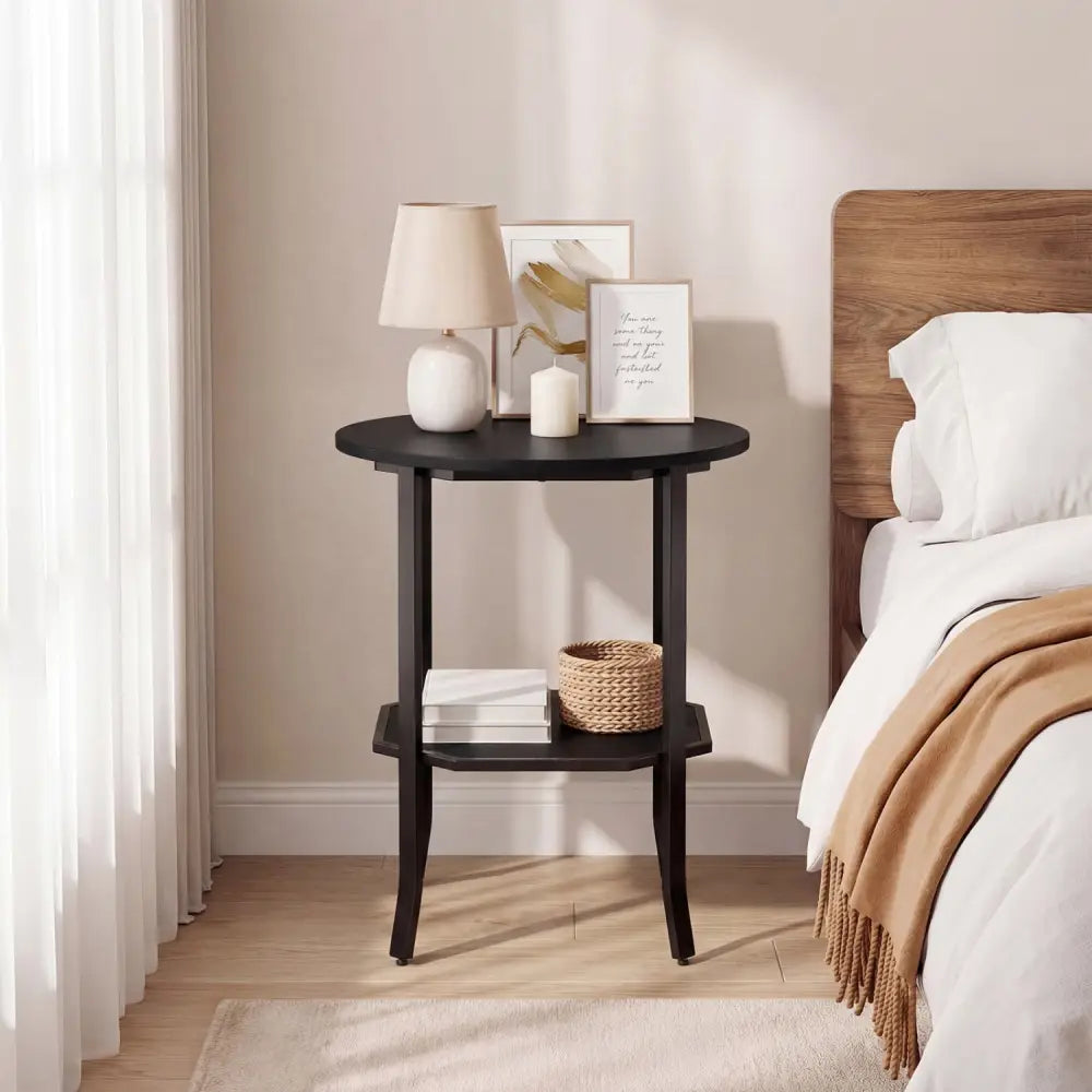 Round Side Table Small End Table with Storage Shelf 2-Tier Nightstand for Small Space-Black - Black - End & Side Tables