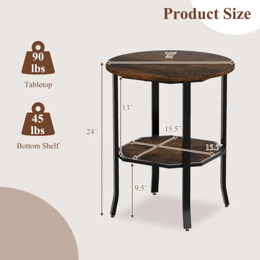Round Side Table Small End Table with Storage Shelf 2-Tier Nightstand for Small Space-Rustic Brown - Rustic Brown - End