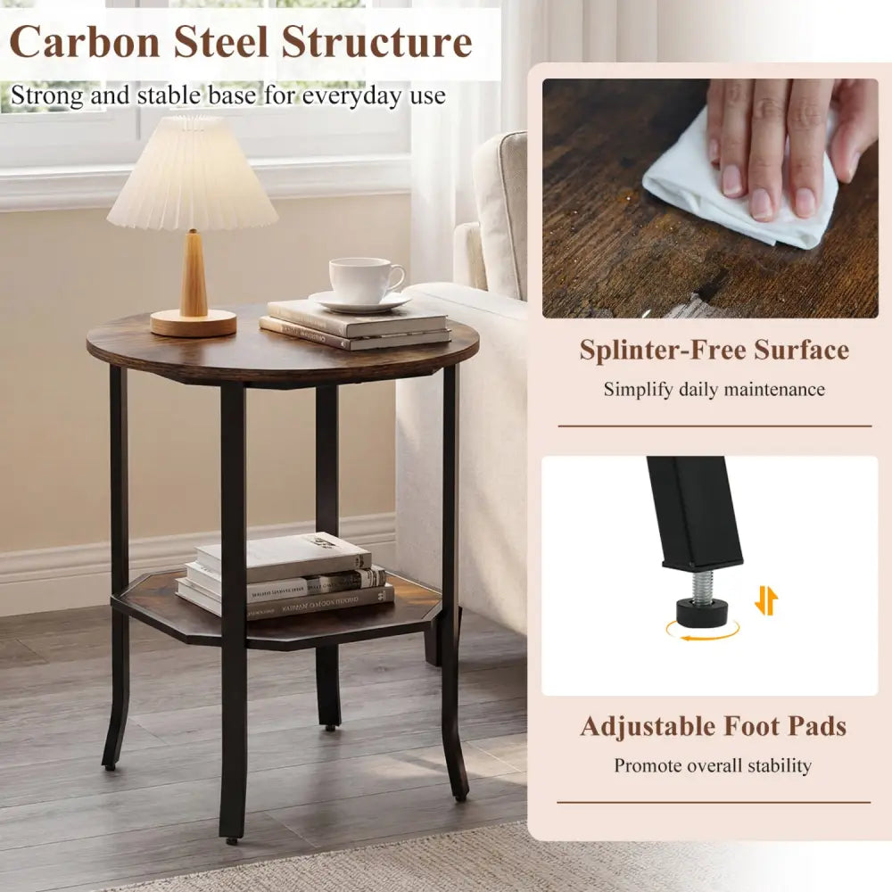 Round Side Table Small End Table with Storage Shelf 2-Tier Nightstand for Small Space-Rustic Brown - Rustic Brown - End