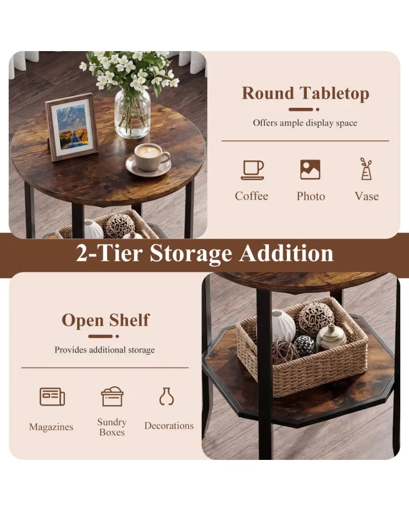Round Side Table Small End Table with Storage Shelf 2-Tier Nightstand for Small Space-Rustic Brown - Rustic Brown - End