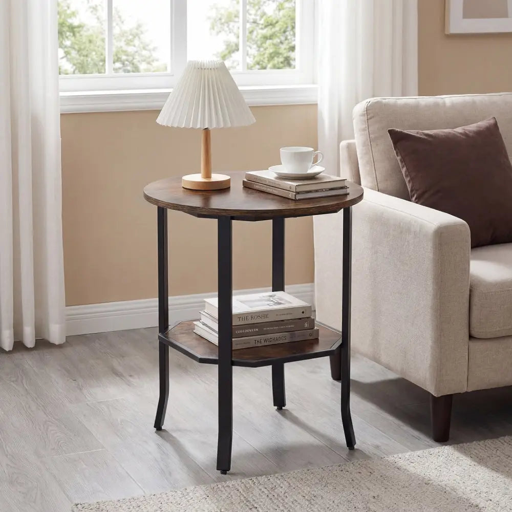 Round Side Table Small End Table with Storage Shelf 2-Tier Nightstand for Small Space-Rustic Brown - Rustic Brown - End