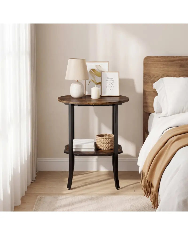 Round Side Table Small End Table with Storage Shelf 2-Tier Nightstand for Small Space-Rustic Brown - Rustic Brown - End