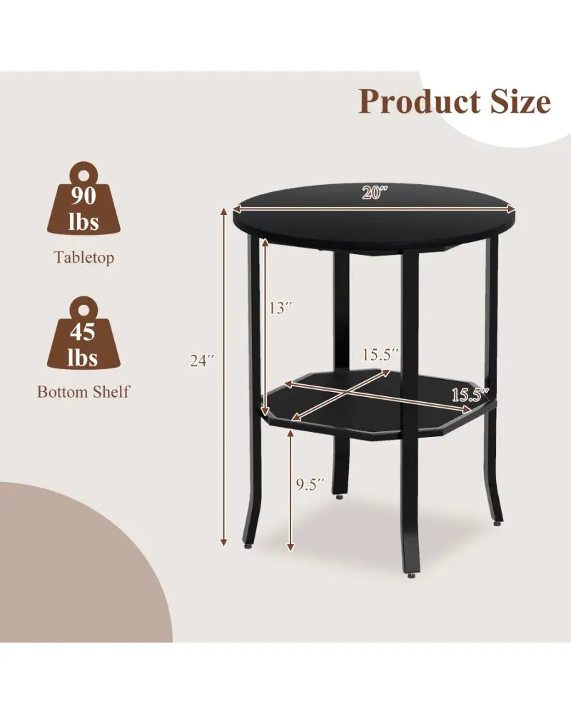 Round Side Table Small End Table with Storage Shelf 2-Tier Nightstand for Small Space-Black - Black - End & Side Tables