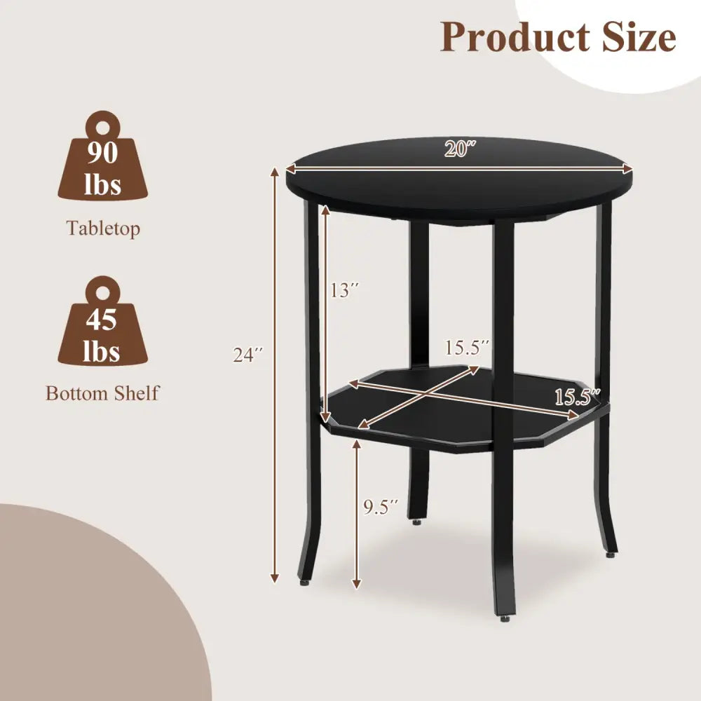Round Side Table Small End Table with Storage Shelf 2-Tier Nightstand for Small Space-Black - Black - End & Side Tables