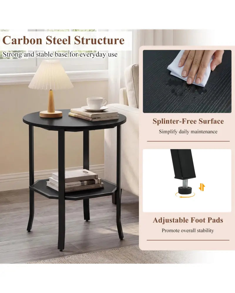Round Side Table Small End Table with Storage Shelf 2-Tier Nightstand for Small Space-Black - Black - End & Side Tables