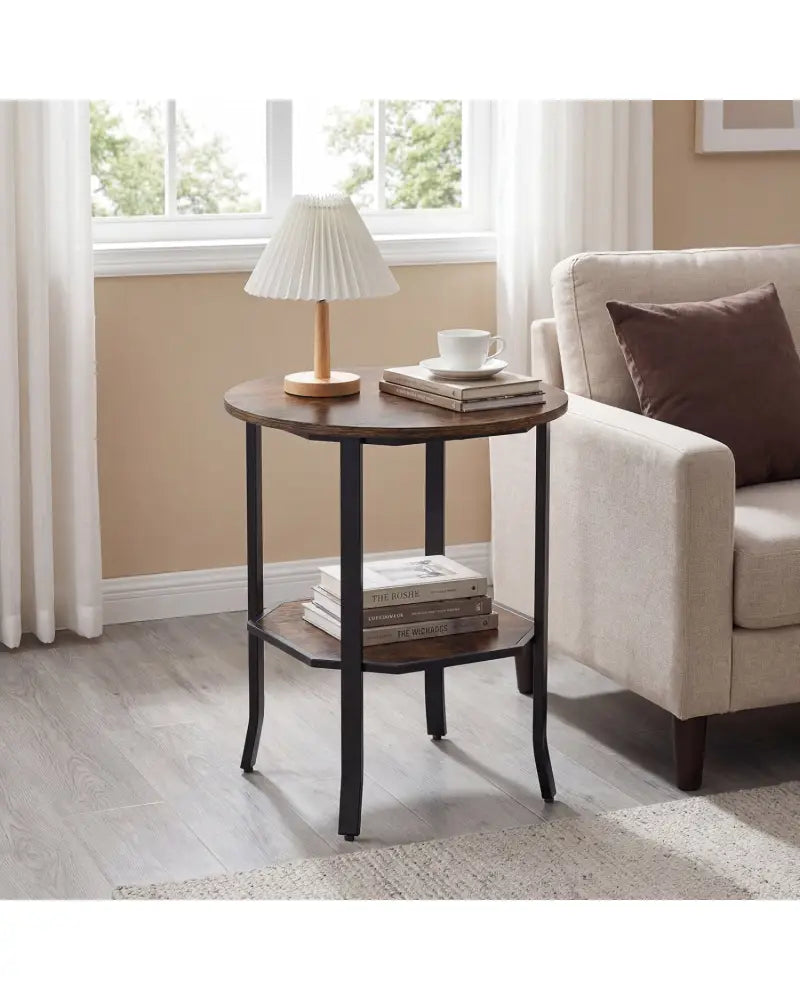 Round Side Table Small End Table with Storage Shelf 2-Tier Nightstand for Small Space-Rustic Brown - Rustic Brown - End