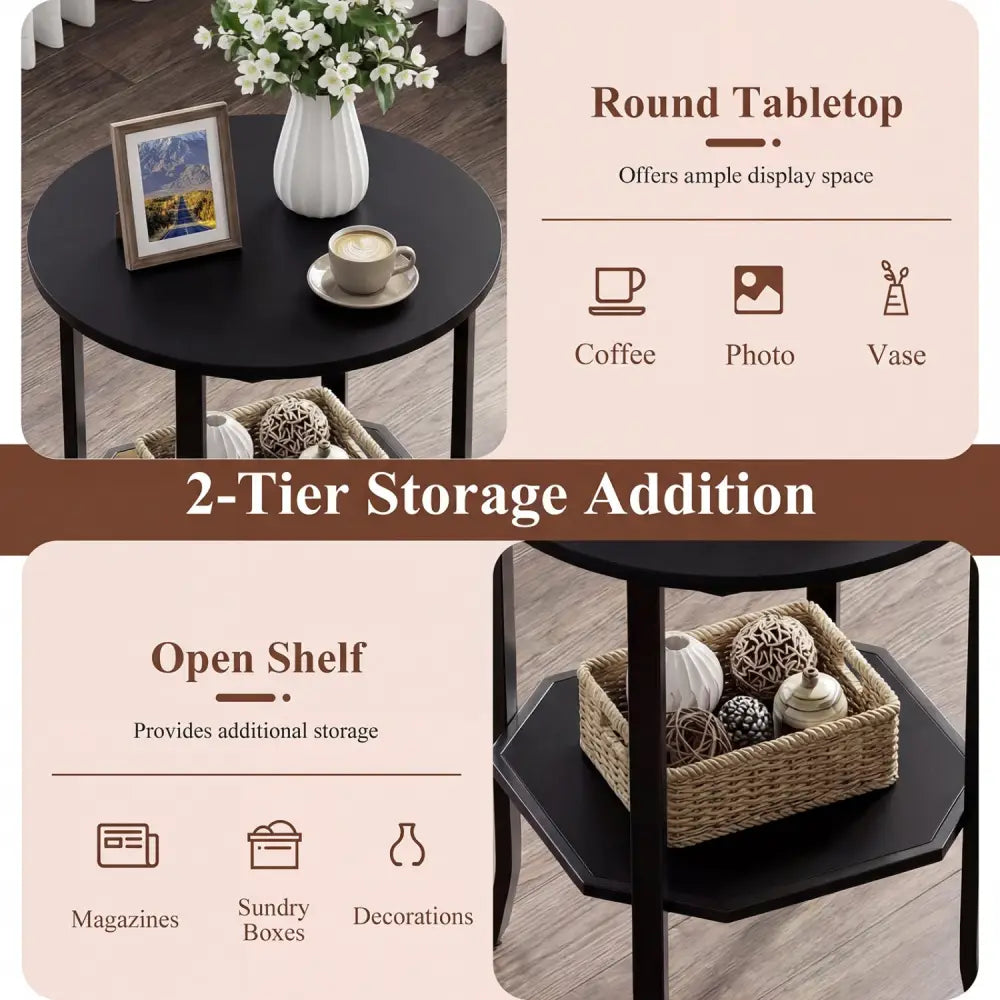 Round Side Table Small End Table with Storage Shelf 2-Tier Nightstand for Small Space-Black - Black - End & Side Tables