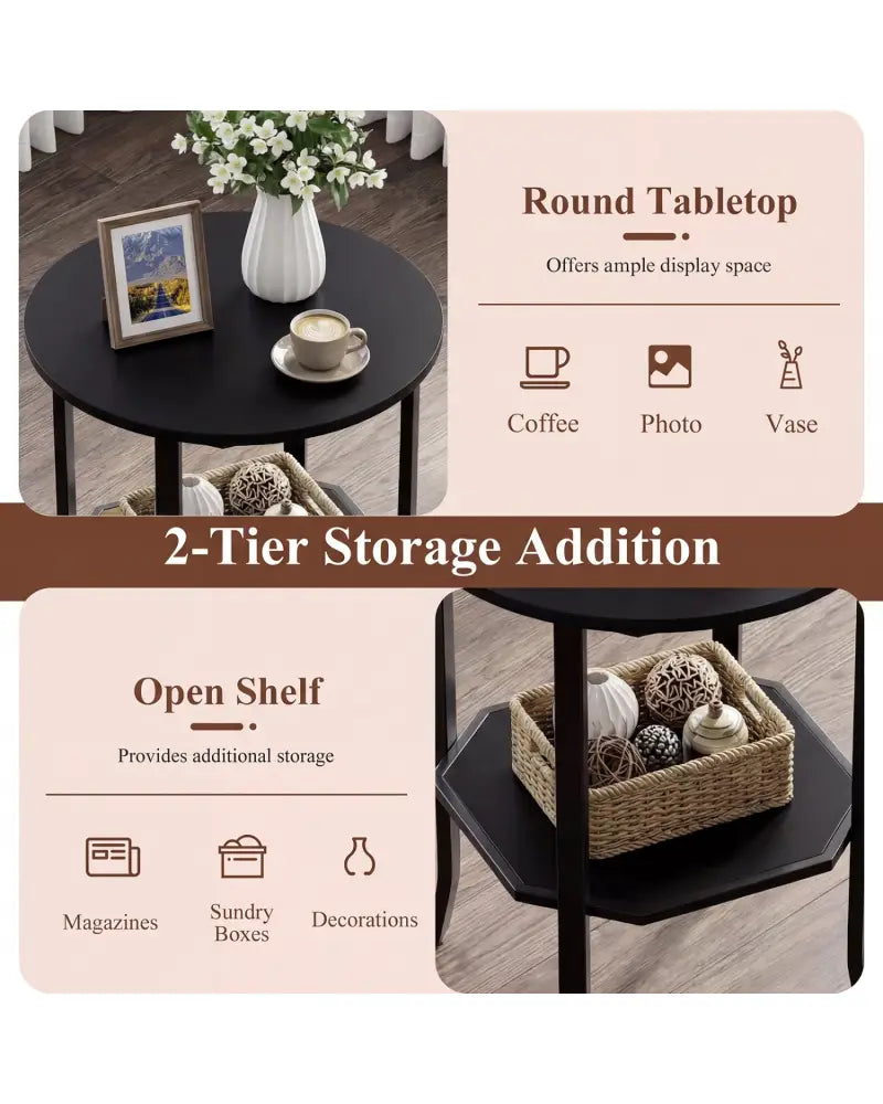 Round Side Table Small End Table with Storage Shelf 2-Tier Nightstand for Small Space-Black - Black - End & Side Tables