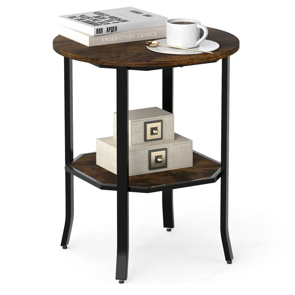 Round Side Table Small End Table with Storage Shelf 2-Tier Nightstand for Small Space-Rustic Brown - Rustic Brown - End