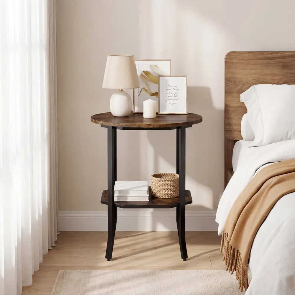 Round Side Table Small End Table with Storage Shelf 2-Tier Nightstand for Small Space-Rustic Brown - Rustic Brown - End