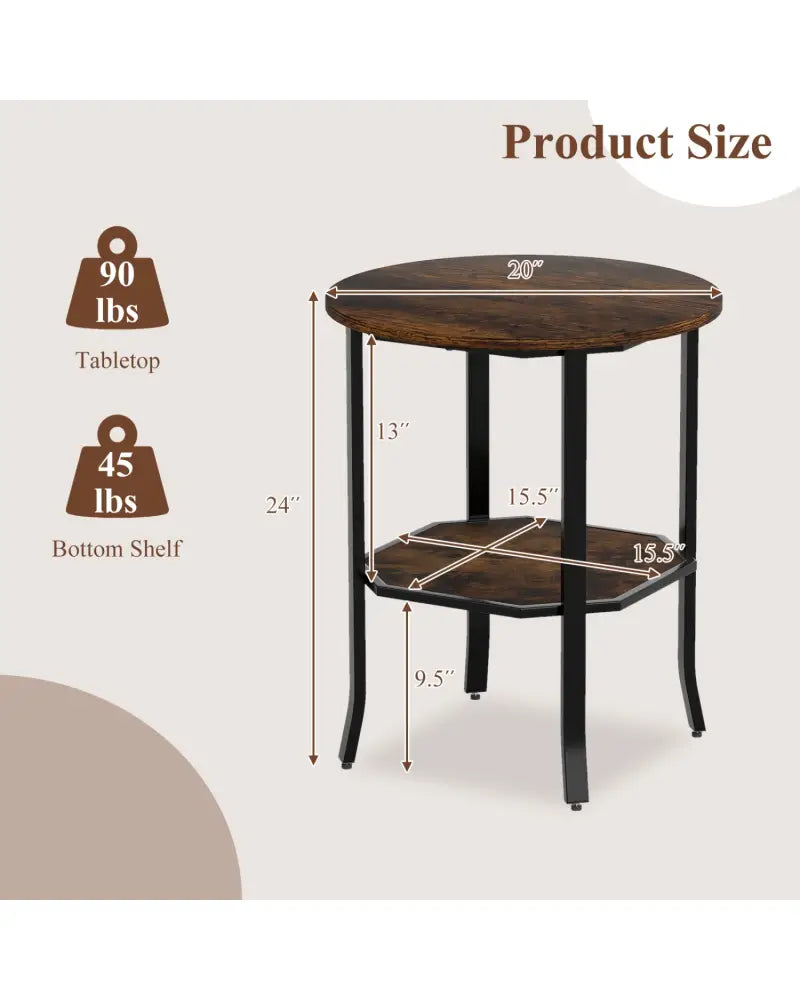 Round Side Table Small End Table with Storage Shelf 2-Tier Nightstand for Small Space-Rustic Brown - Rustic Brown - End