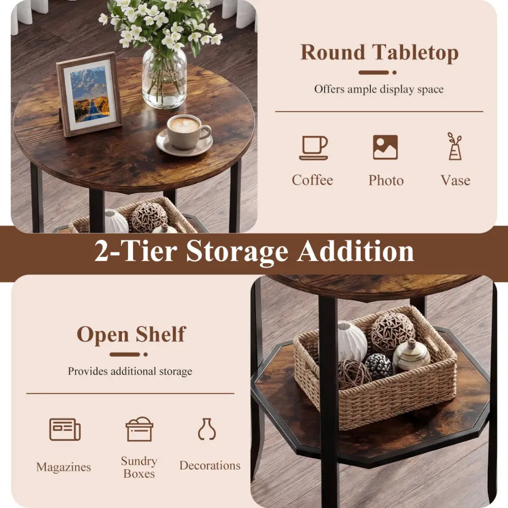 Round Side Table Small End Table with Storage Shelf 2-Tier Nightstand for Small Space-Rustic Brown - Rustic Brown - End