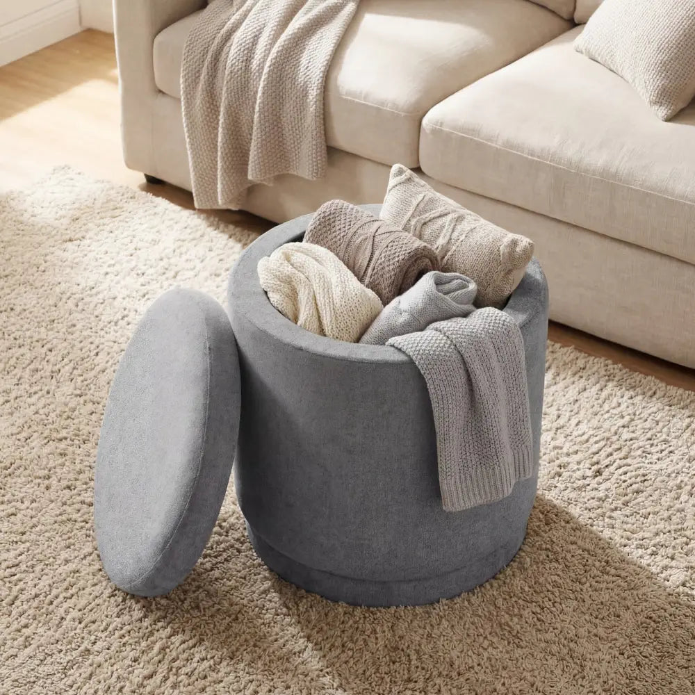 Round Storage Ottoman Foot Rest with Removable Lid and Acacia Wood Frame-Gray - Gray - Ottomans