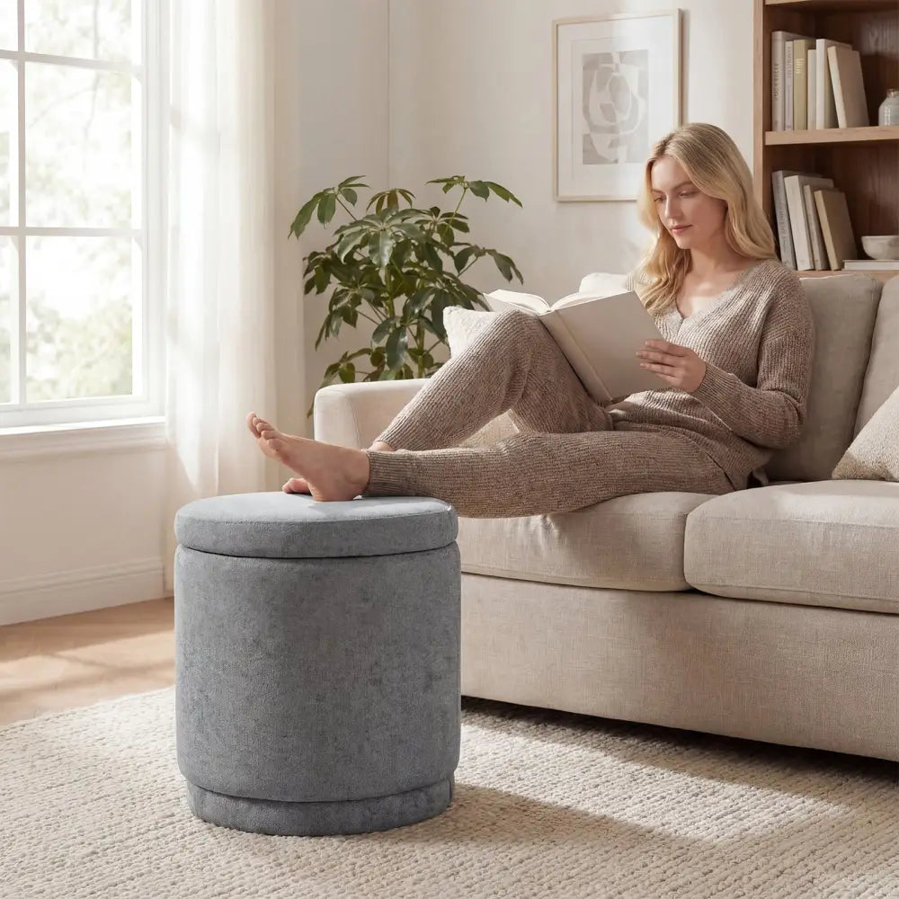 Round Storage Ottoman Foot Rest with Removable Lid and Acacia Wood Frame-Gray - Gray - Ottomans