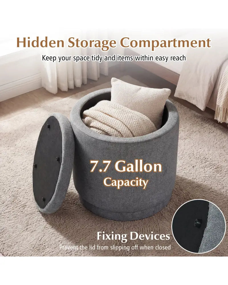 Round Storage Ottoman Foot Rest with Removable Lid and Acacia Wood Frame-Gray - Gray - Ottomans