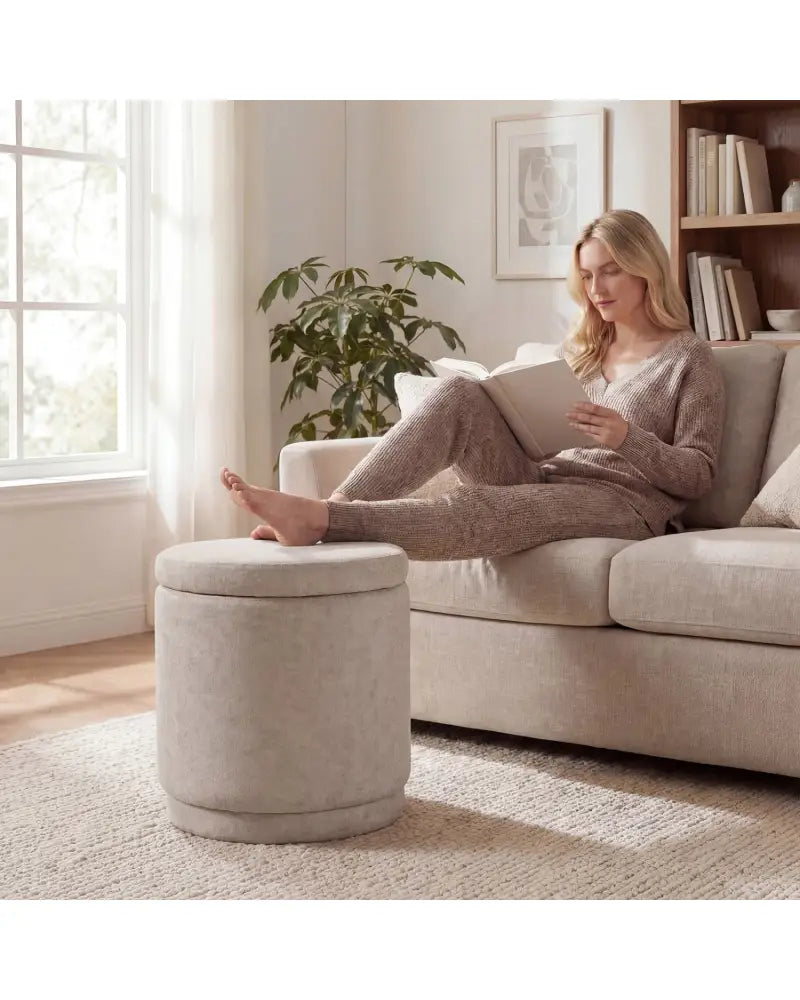 Round Storage Ottoman Foot Rest with Removable Lid and Acacia Wood Frame-Beige - Beige - Ottomans