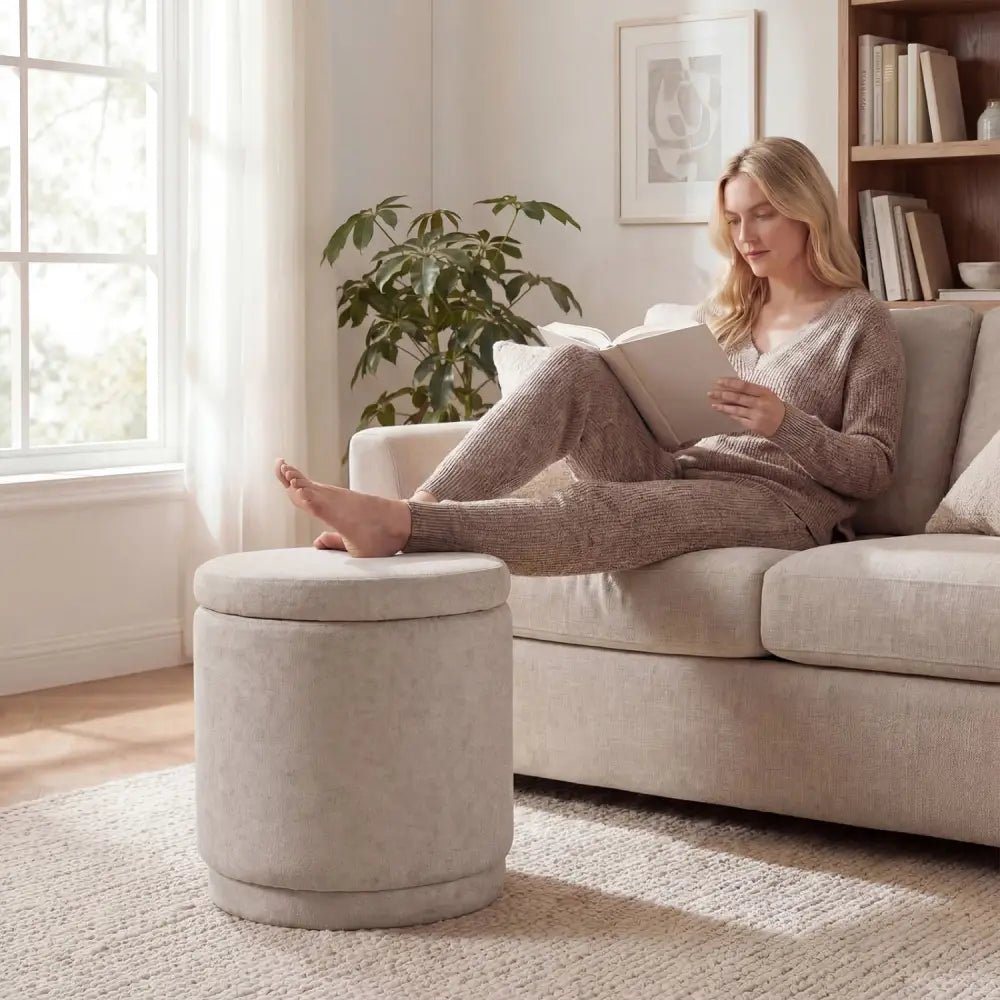 Round Storage Ottoman Foot Rest with Removable Lid and Acacia Wood Frame-Beige - Beige - Ottomans