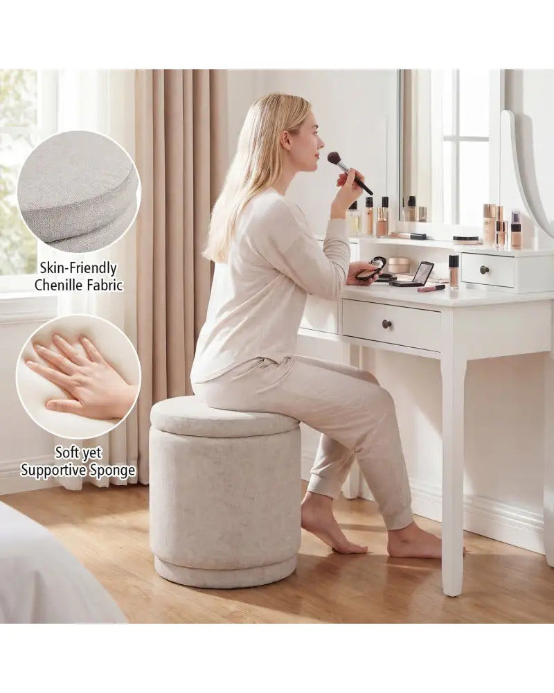 Round Storage Ottoman Foot Rest with Removable Lid and Acacia Wood Frame-Beige - Beige - Ottomans