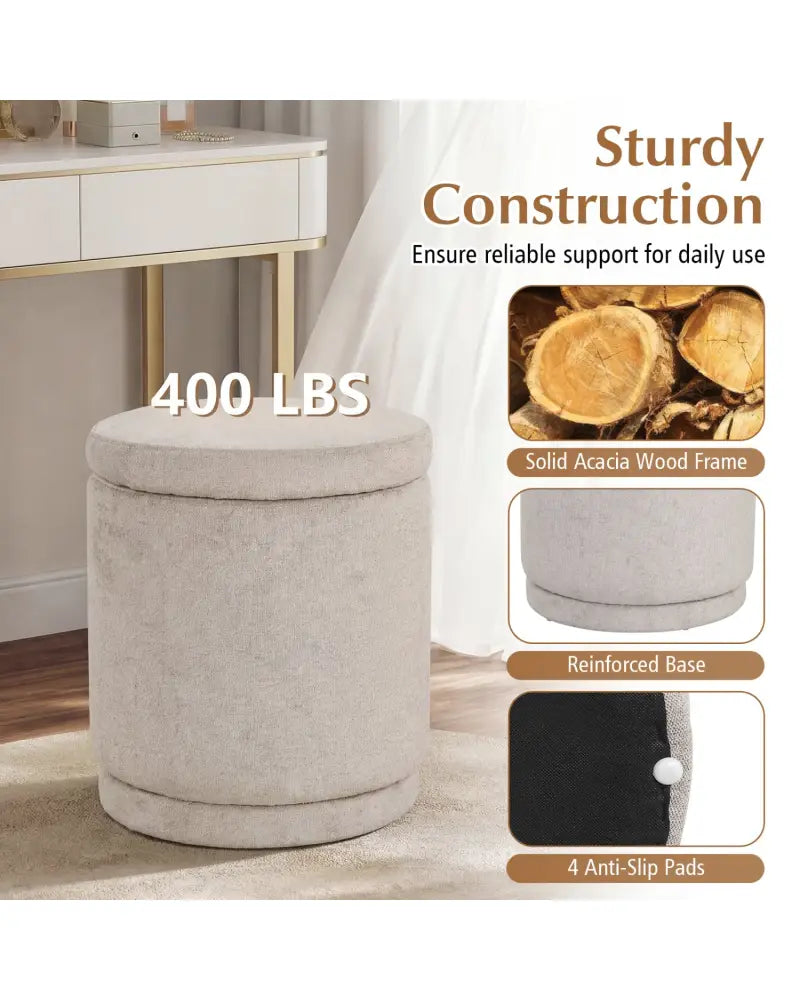 Round Storage Ottoman Foot Rest with Removable Lid and Acacia Wood Frame-Beige - Beige - Ottomans