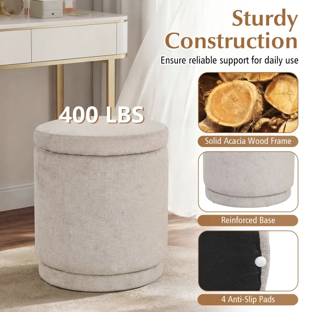 Round Storage Ottoman Foot Rest with Removable Lid and Acacia Wood Frame-Beige - Beige - Ottomans