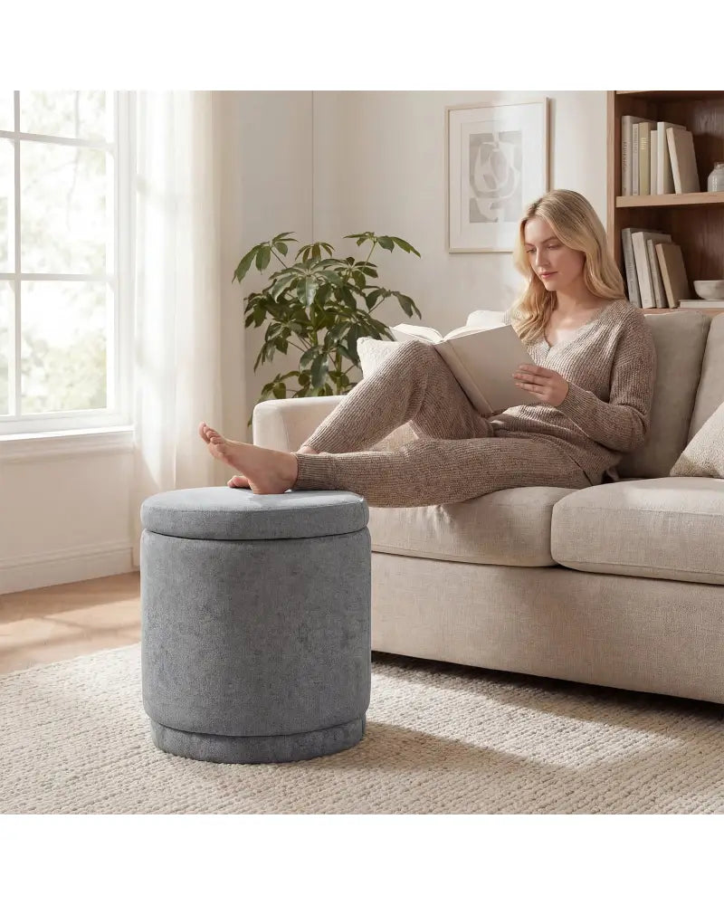 Round Storage Ottoman Foot Rest with Removable Lid and Acacia Wood Frame-Gray - Gray - Ottomans