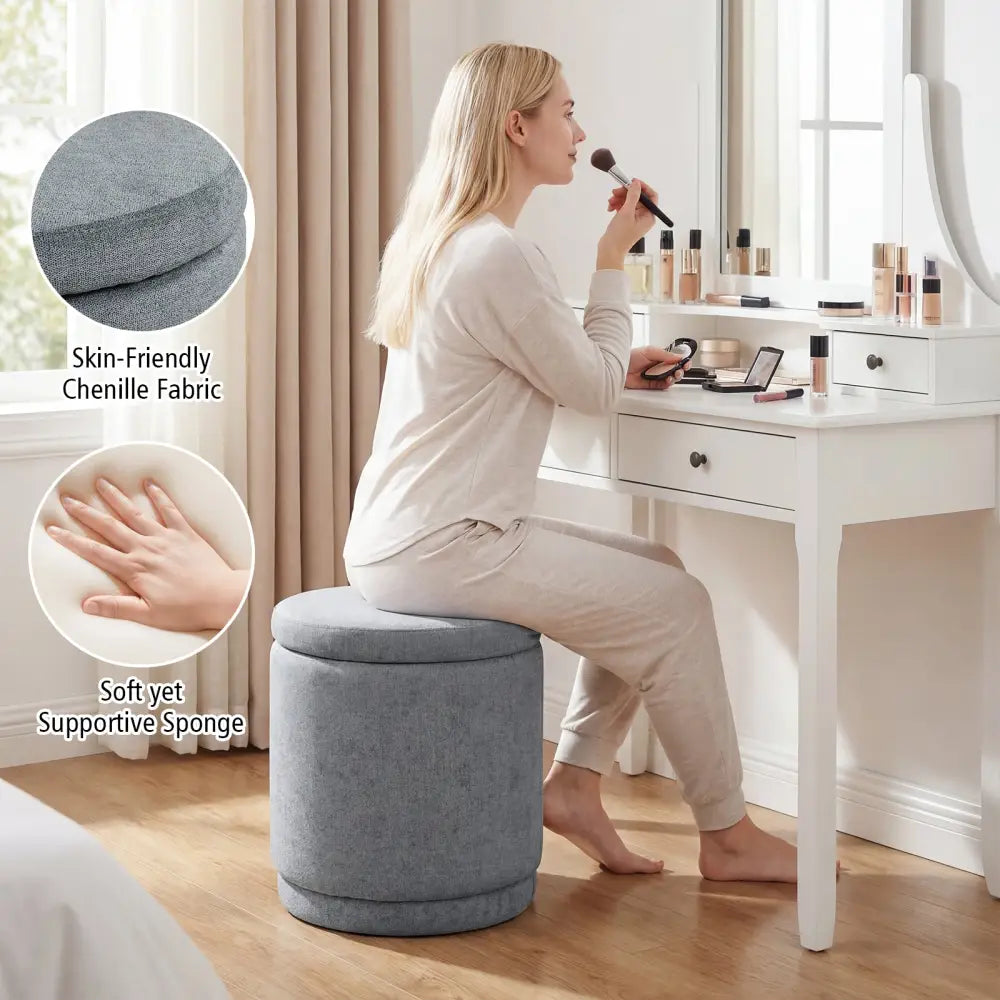 Round Storage Ottoman Foot Rest with Removable Lid and Acacia Wood Frame-Gray - Gray - Ottomans