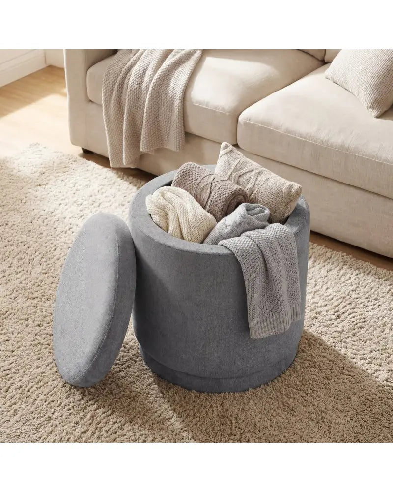 Round Storage Ottoman Foot Rest with Removable Lid and Acacia Wood Frame-Gray - Gray - Ottomans