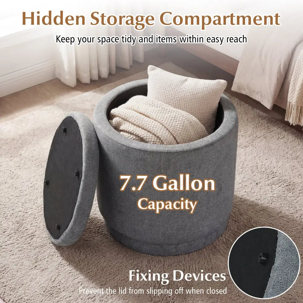 Round Storage Ottoman Foot Rest with Removable Lid and Acacia Wood Frame-Gray - Gray - Ottomans