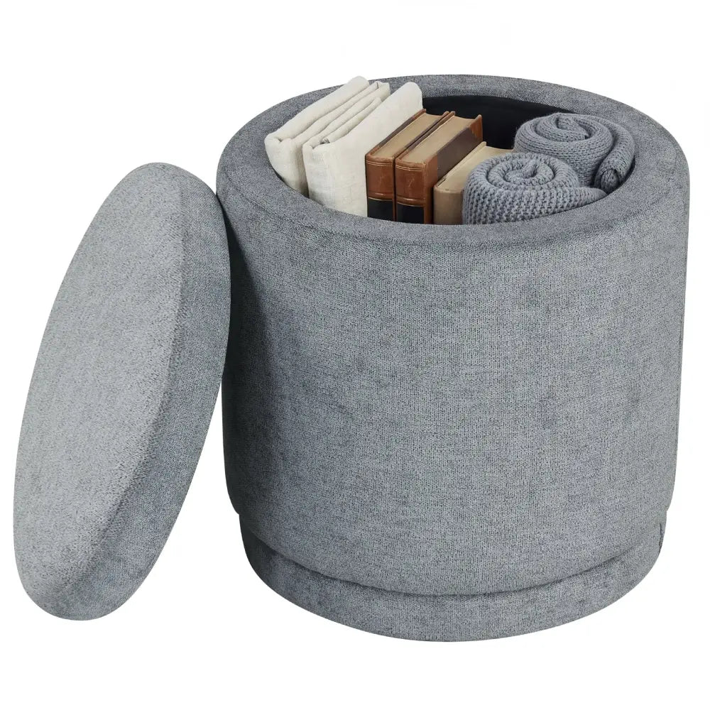 Round Storage Ottoman Foot Rest with Removable Lid and Acacia Wood Frame-Gray - Gray - Ottomans
