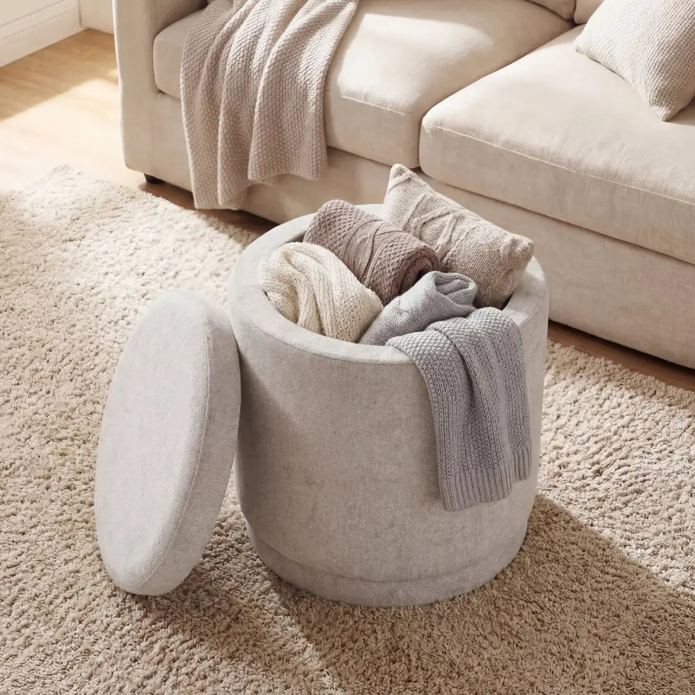 Round Storage Ottoman Foot Rest with Removable Lid and Acacia Wood Frame-Beige - Beige - Ottomans
