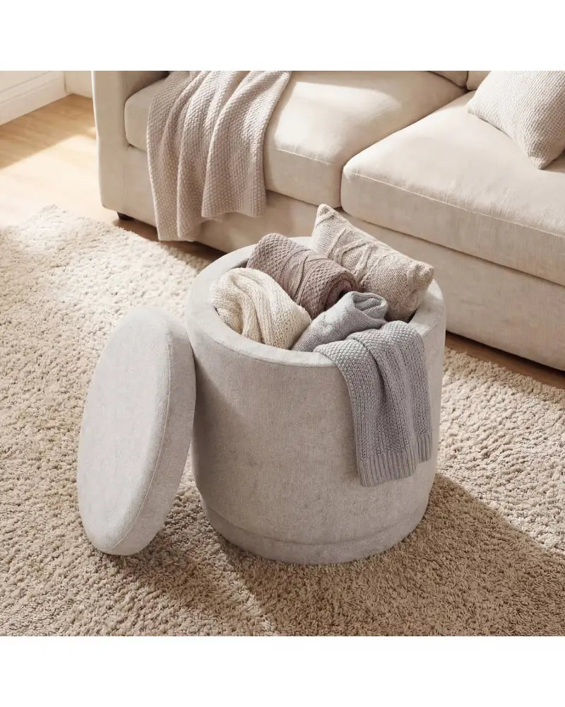 Round Storage Ottoman Foot Rest with Removable Lid and Acacia Wood Frame-Beige - Beige - Ottomans