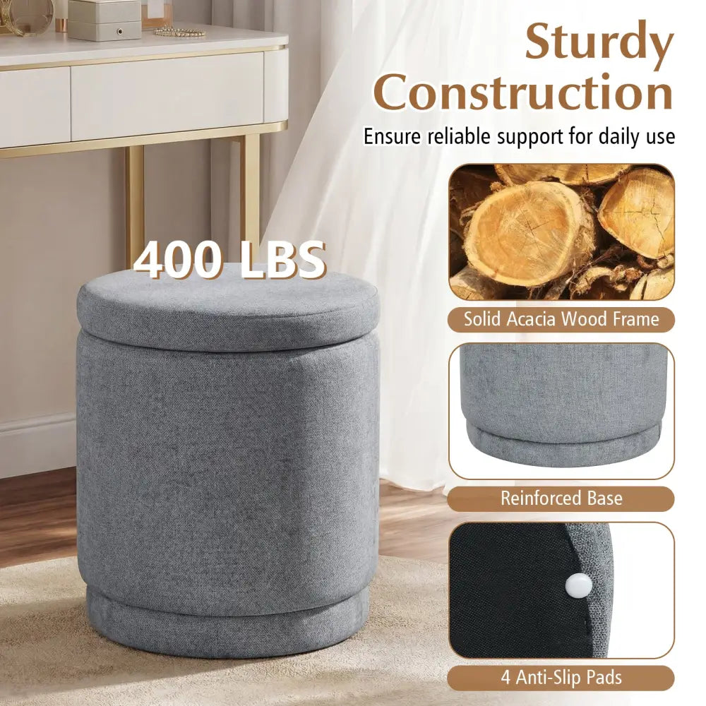 Round Storage Ottoman Foot Rest with Removable Lid and Acacia Wood Frame-Gray - Gray - Ottomans