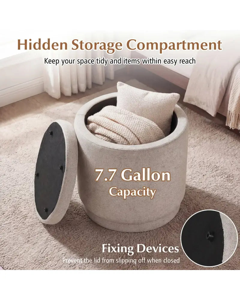 Round Storage Ottoman Foot Rest with Removable Lid and Acacia Wood Frame-Beige - Beige - Ottomans