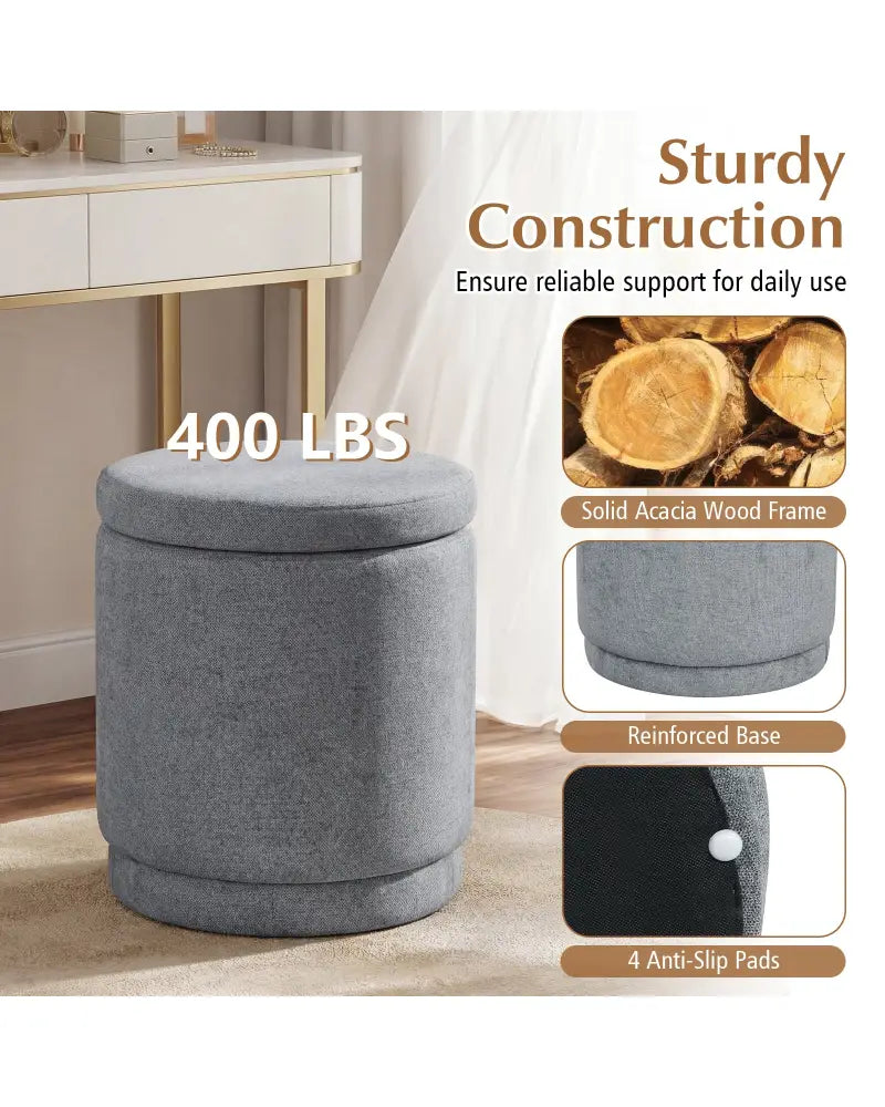 Round Storage Ottoman Foot Rest with Removable Lid and Acacia Wood Frame-Gray - Gray - Ottomans