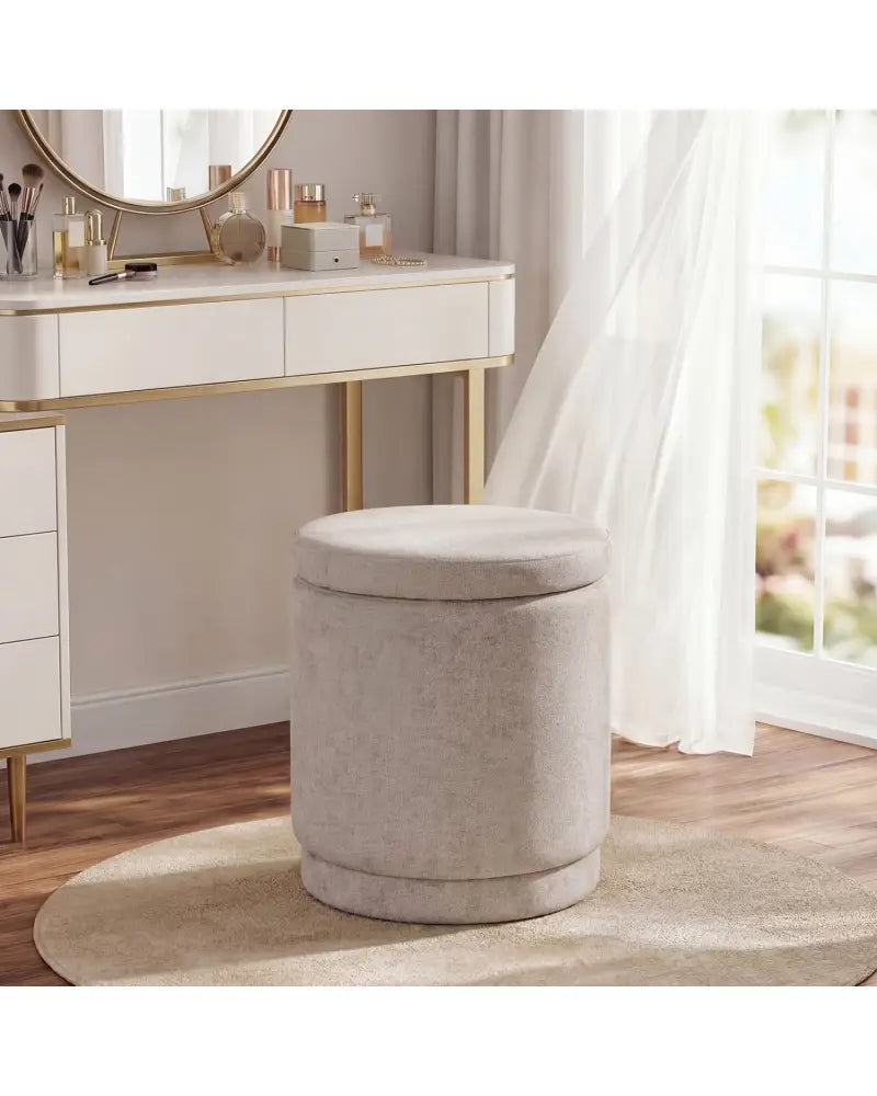 Round Storage Ottoman Foot Rest with Removable Lid and Acacia Wood Frame-Beige - Beige - Ottomans