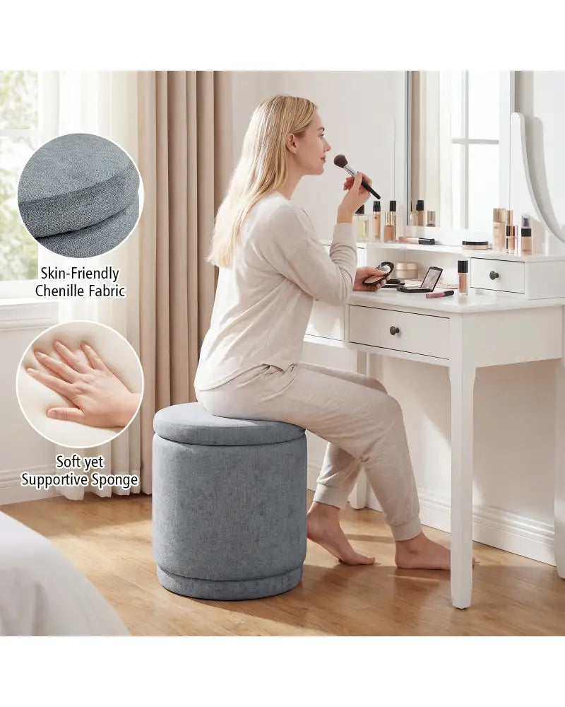 Round Storage Ottoman Foot Rest with Removable Lid and Acacia Wood Frame-Gray - Gray - Ottomans
