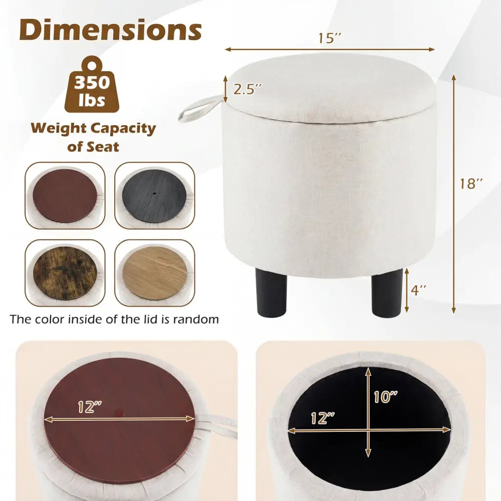 Round Storage Ottoman Linen Fabric Upholstered Footrest Stool-Beige - Beige - Ottomans
