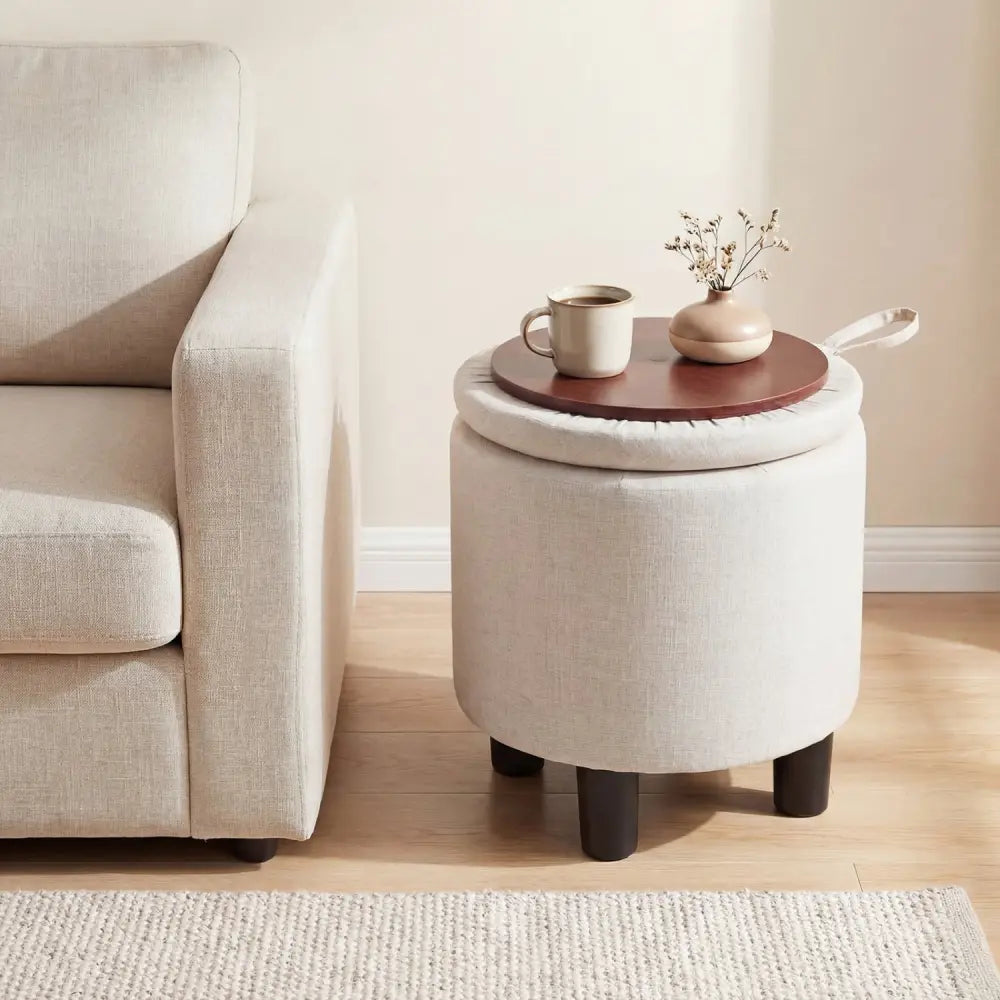 Round Storage Ottoman Linen Fabric Upholstered Footrest Stool-Beige - Beige - Ottomans