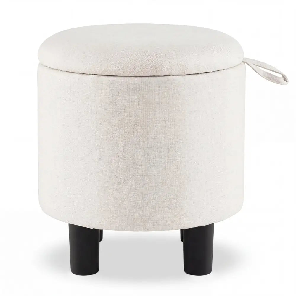 Round Storage Ottoman Linen Fabric Upholstered Footrest Stool-Beige - Beige - Ottomans