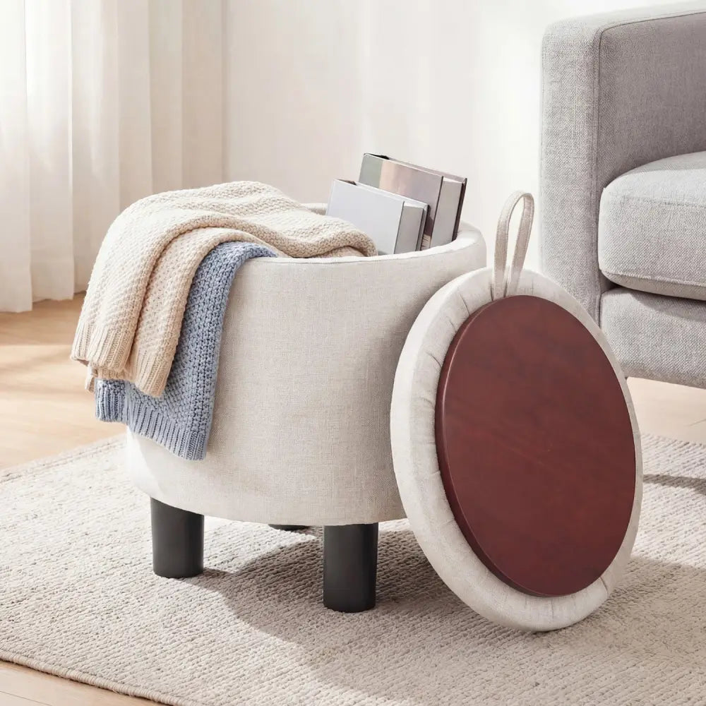 Round Storage Ottoman Linen Fabric Upholstered Footrest Stool-Beige - Beige - Ottomans