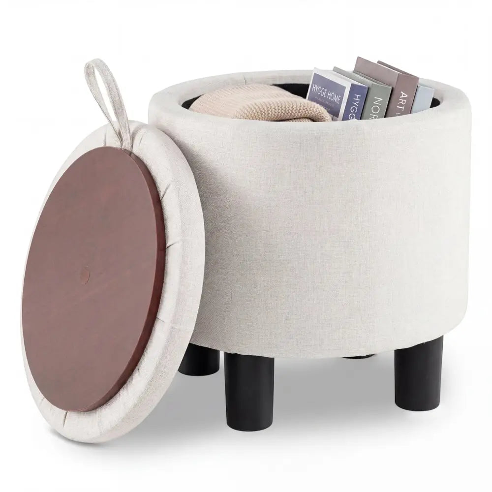 Round Storage Ottoman Linen Fabric Upholstered Footrest Stool-Beige - Beige - Ottomans